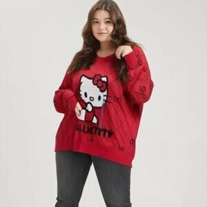 NEW Sanrio Hello Kitty Bows Knit Sweater Pullover Long Sleeve - Red Size Large